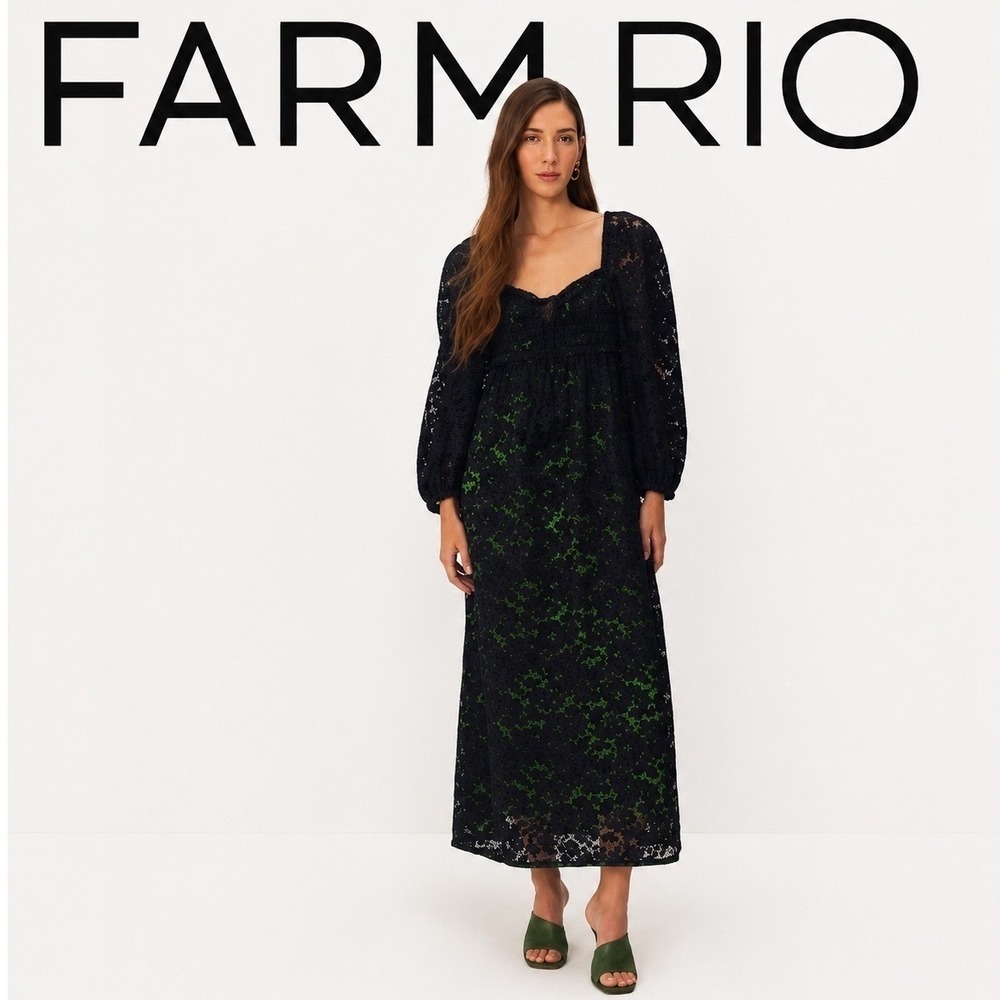 Farm Rio Black Green Lace Long Sleeve Midi Dress Medium